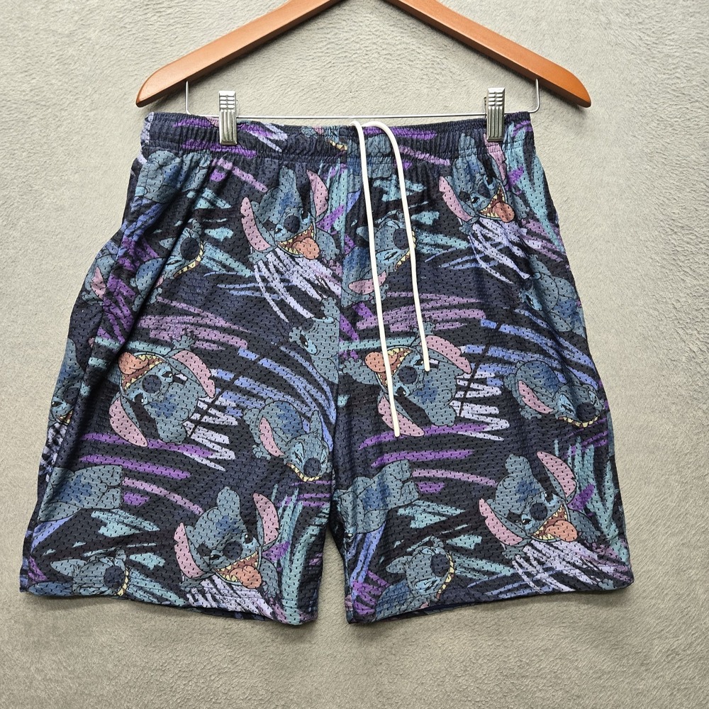 Disney Parks Men Activewear Shorts L Black Graphic Stitch 6" Inseam
